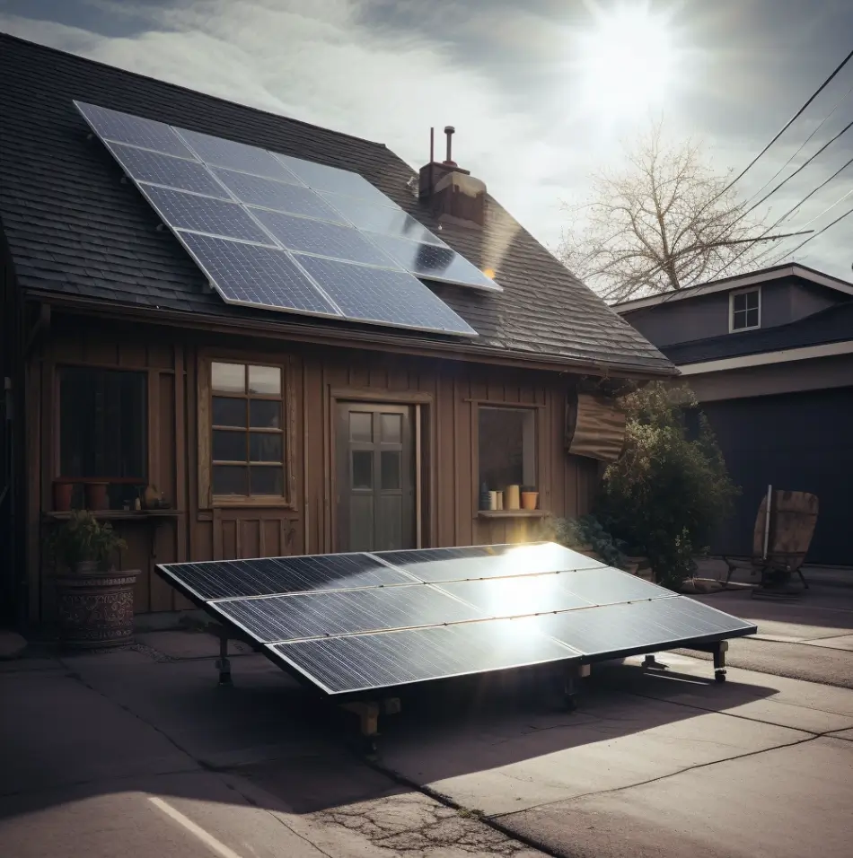 AI image of solar panels on floor outside house and on roof of a house in backyard