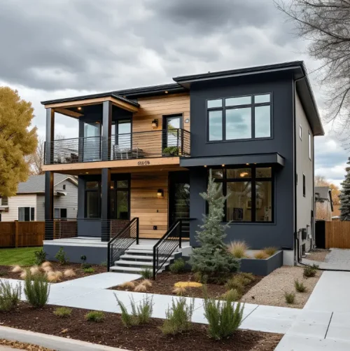 Dark Gray and wood duplex new home build in Denver, CO
