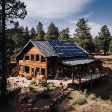 AI image of wooden house in the woods with 5x4 solar panels on roof