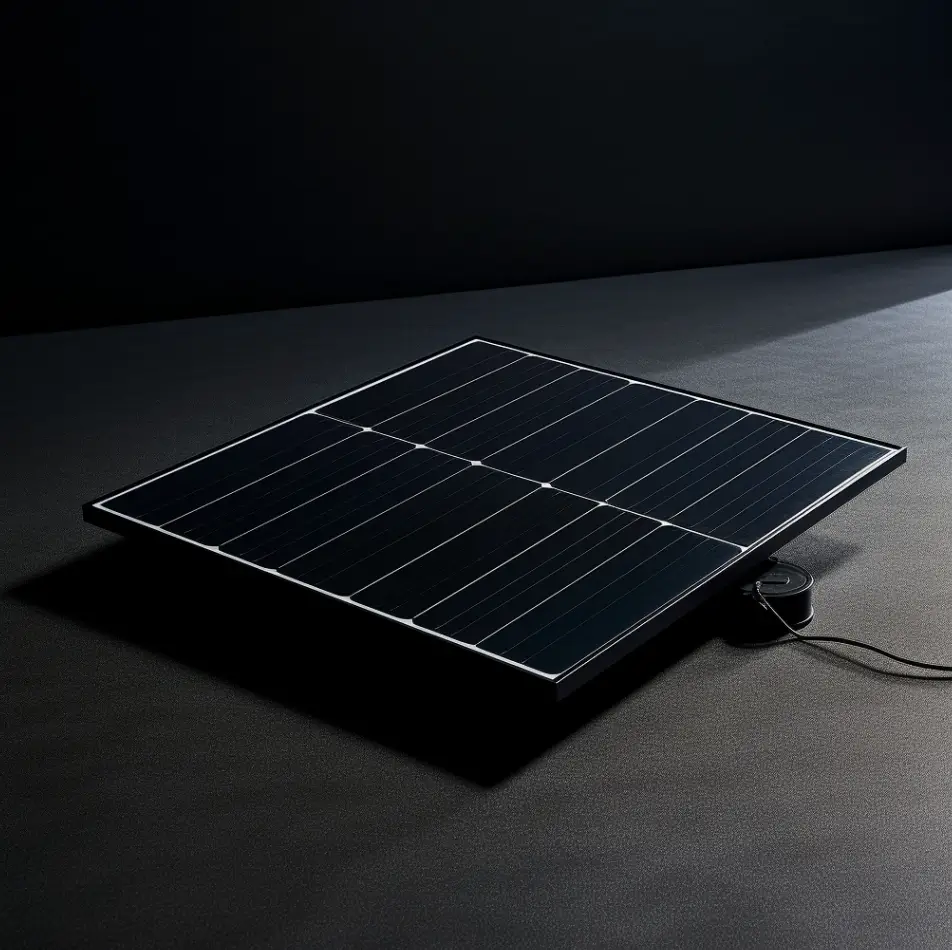 One black solar panel on a concrete floor
