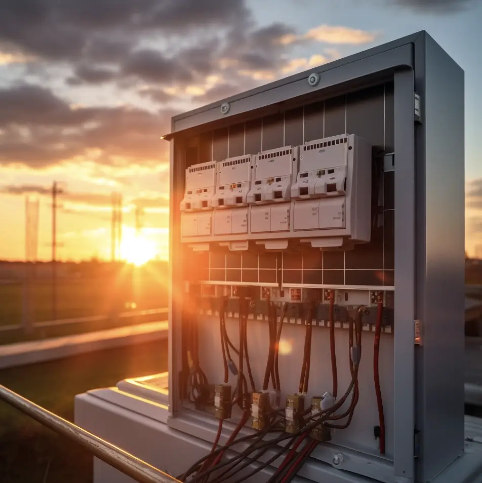 White breaker box on roof of a building with sunset in the background