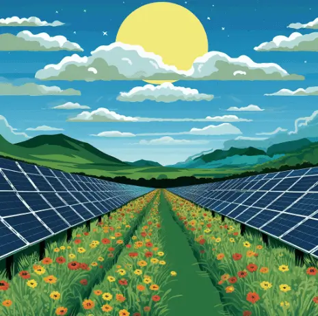 Computerized drawing of solar panels lined up on left and right in rows surrounded by field of flowers and the sun and clouds in the sky.