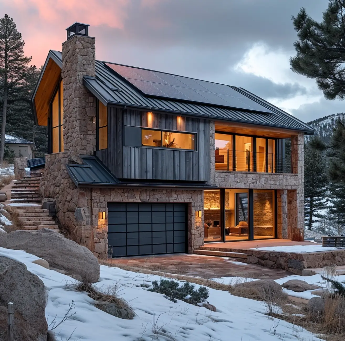 House with rocky outside, on a snowy mountain, with solar panels on the roof, modern looking house with chimney, 2 floors, and open windows on one side. Solar power vs electricity