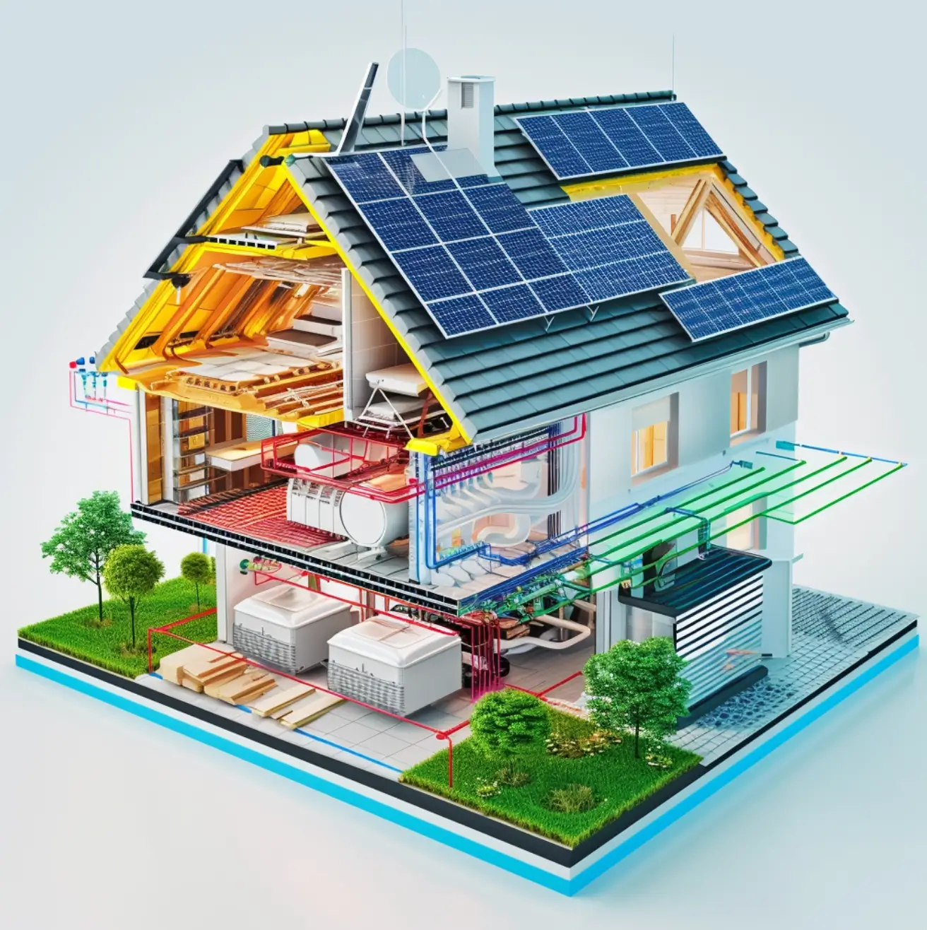 An AI image of an open house with three stories and wires going from place to place showing how batteries and solar panels give power to all devices in a house