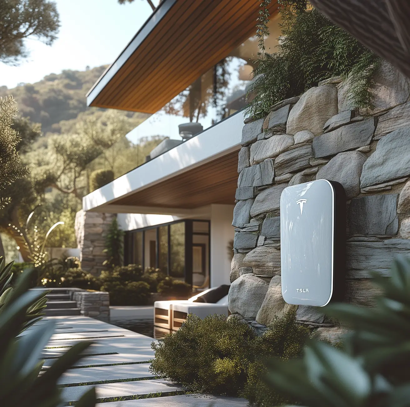 A modern house in the mountains with a rock side and a white tesla battery on the wall outside.