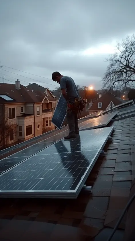 Man standing on a roof with cloudy sky. Holding a solar panel and installing a third solar panel where two are already installed next to him on a roof.