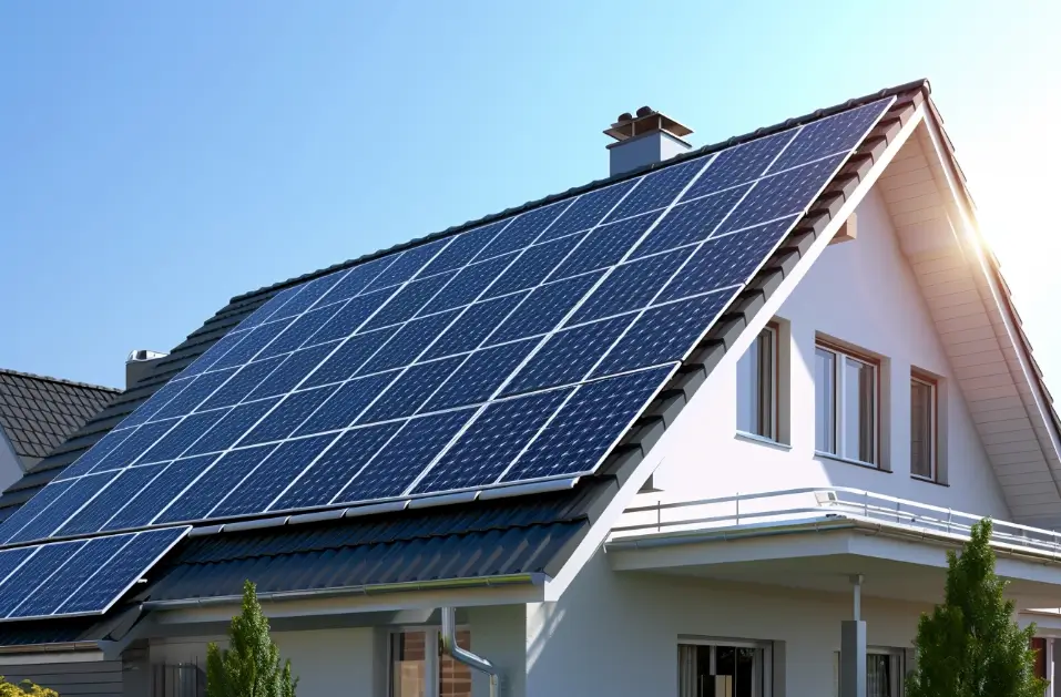 A white house with black roof with solar panels filling the entire roof