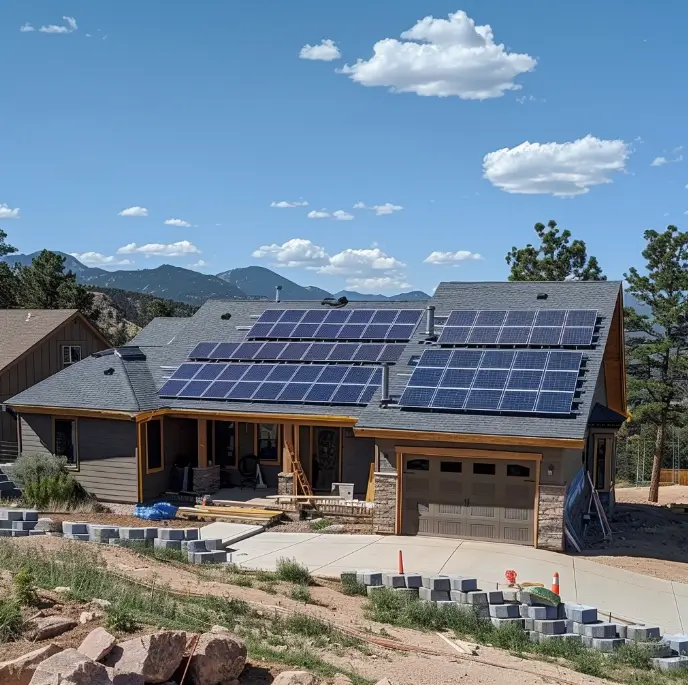 A house that's is under construction with clouds in the sky and solar panels installed on a majority of the roof in colorado springs.