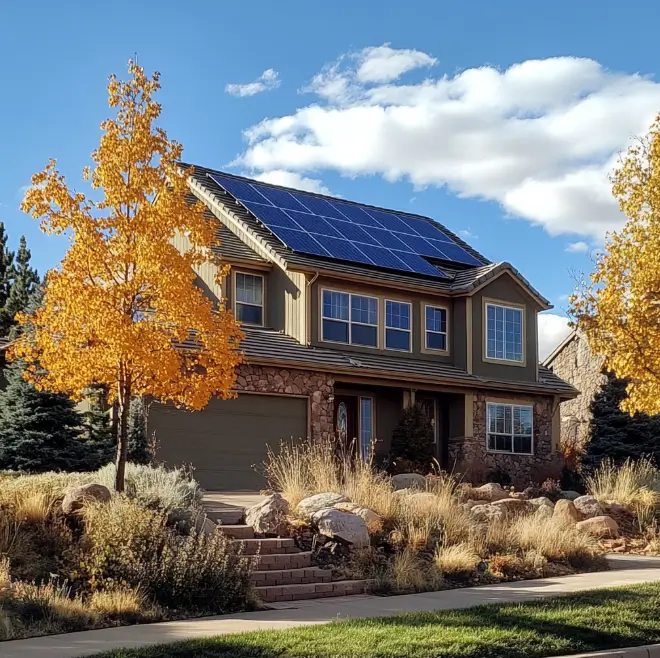 Two story brick and wood house with solar panels on the roof with a fall yellow tree in the foreground.