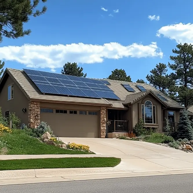 Solar panels on a brick one story house.