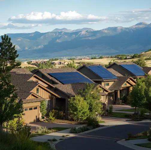Brown two story homes in Colorado Springs with solar panels on the roofs and mountains in the background.