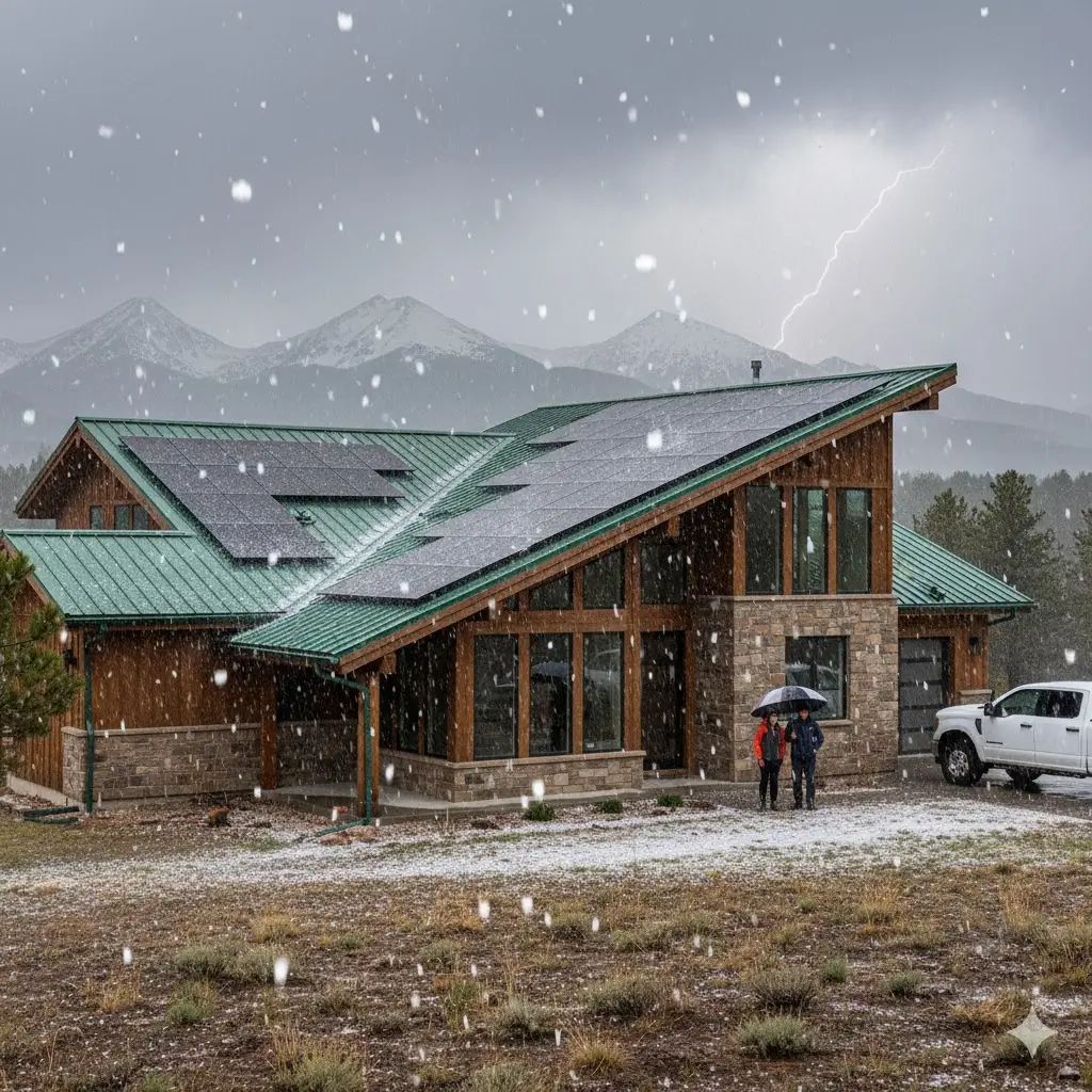 Solar panels on a slanted roof, with mountains in the background, lightning and hail.
