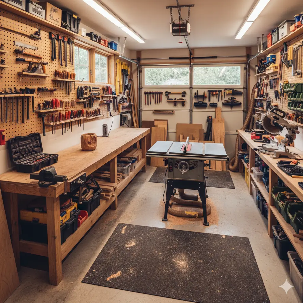A detailed image of a woodworking shop set up inside a garage, featuring a workbench, power tools, and organized storage.