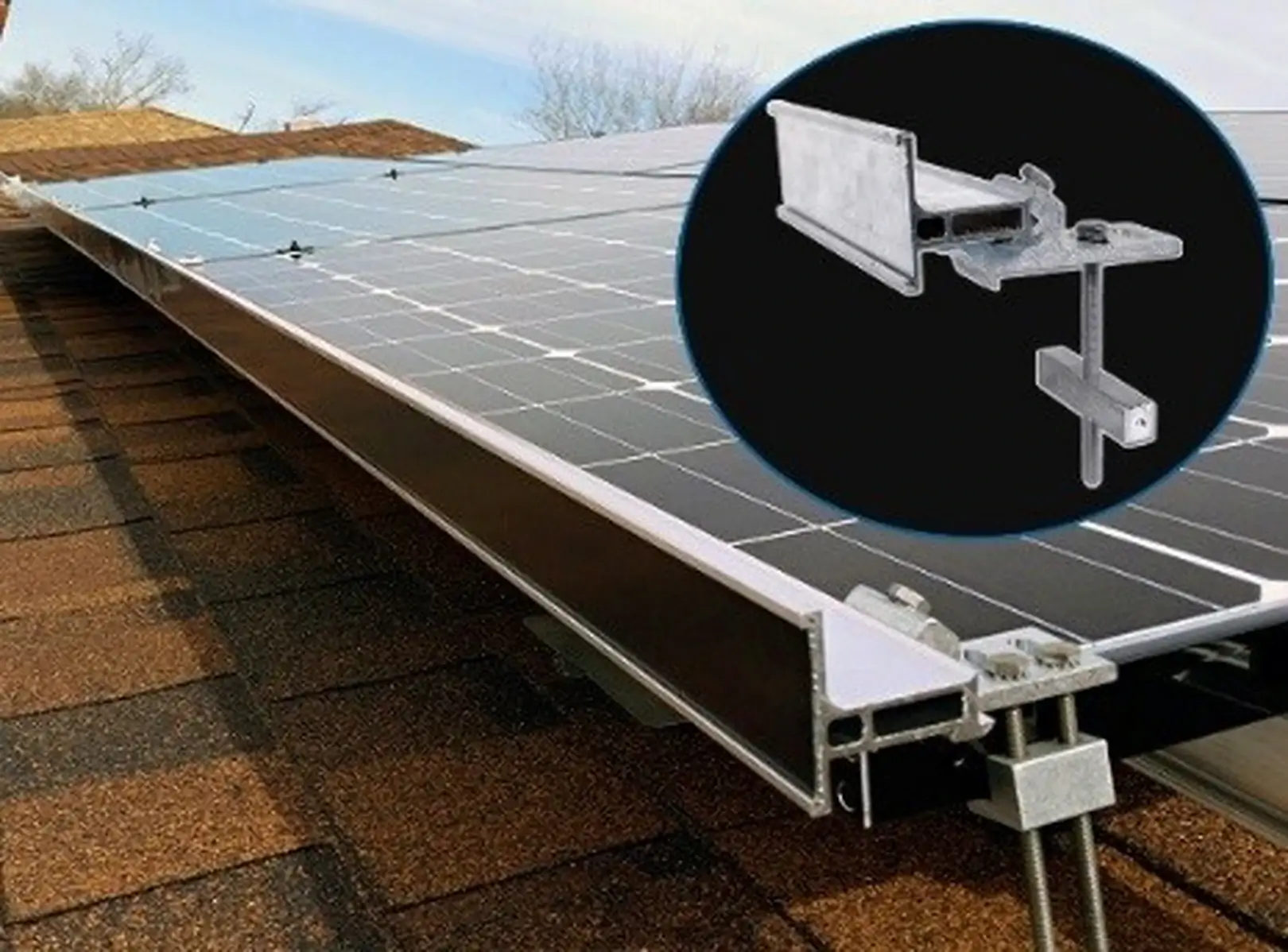Snowguard on solar panel, a thin ledge that connected to the edge of solar panels.