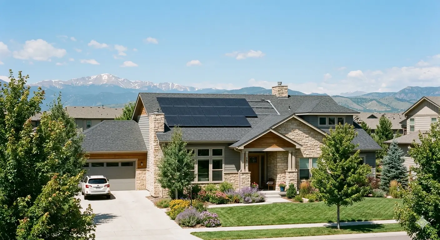 Home in Denver with foothill in the background and solar panels on grey roof, light brick color outside walls of home.